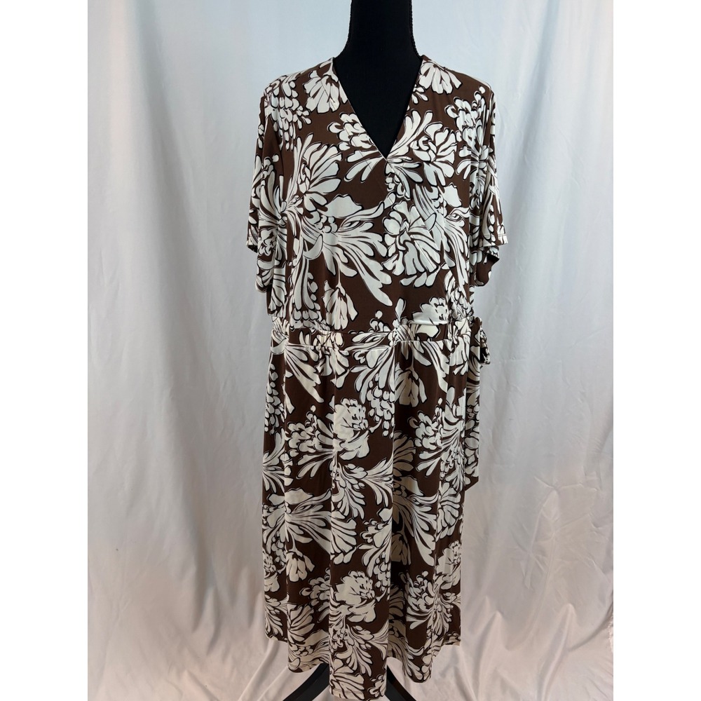 Lane Bryant Brown Cream Floral Faux Wrap Midi Dress Pockets Plus 22/24P